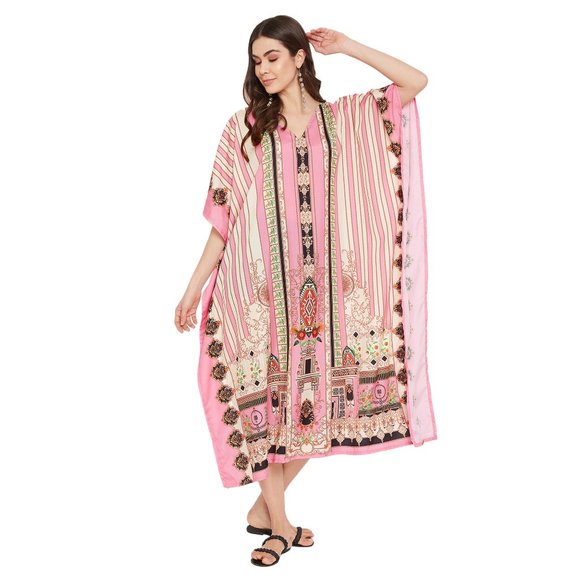 Floral Printed Pink Polyester Plus Size Kimono Kaftan Maxi Dress for Women - Picture 4 of 10